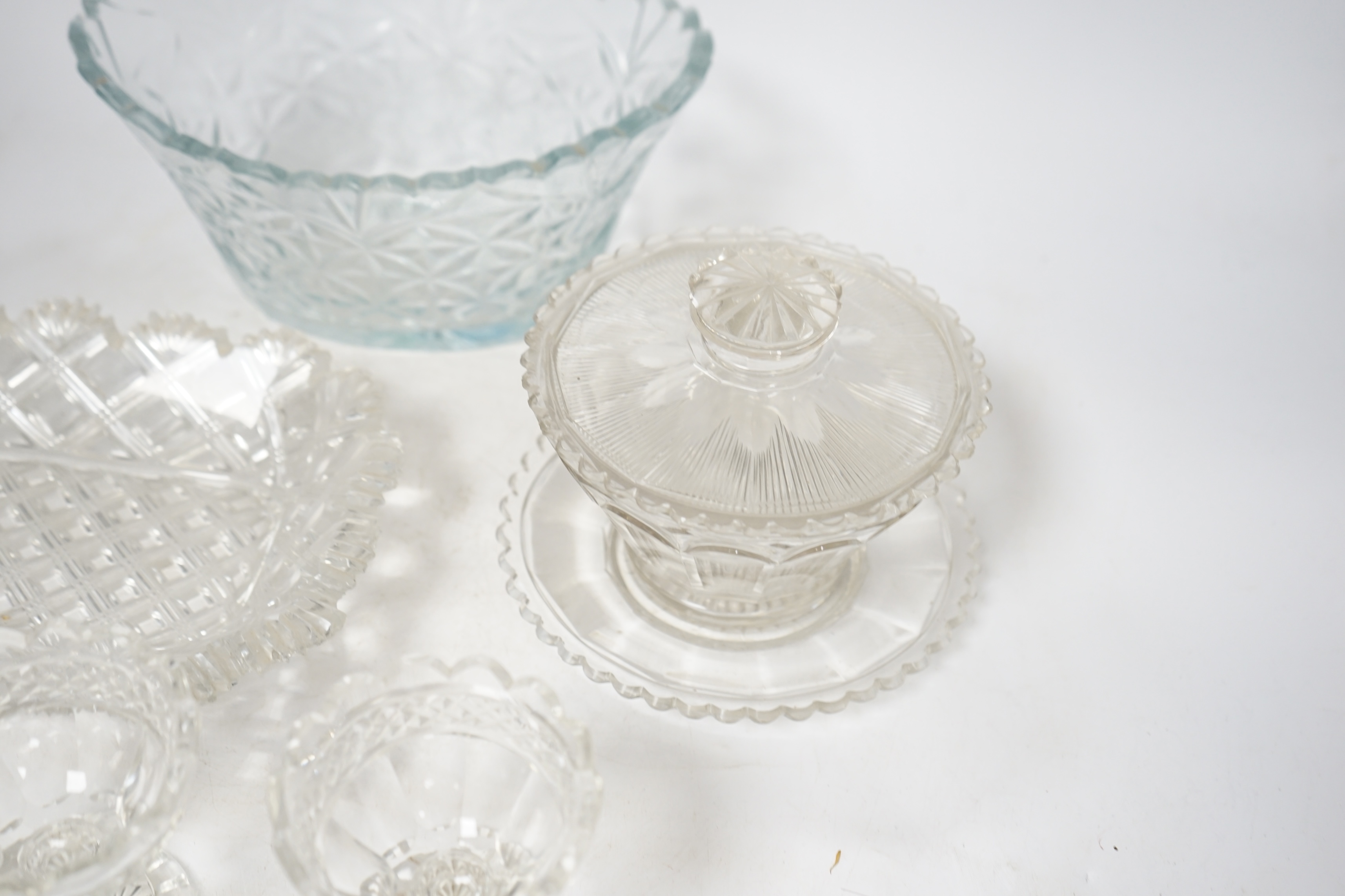 Six pieces of 19th century cut glass including a bon bon dish and a pair of glasses, largest 23cm. Condition - poor to fair, some chips